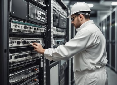 Technician carefully installing low voltage wiring inside a modern commercial building.