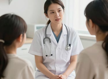 A caring healthcare professional in a clean, professional clinic setting, talking to a family in an International / Diverse Communities region. Bright, high-key photography with a sense of integrity and hope, using white and light beige tones.