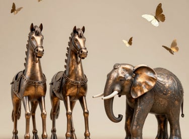 A beautifully crafted wooden elephant figurine with intricate carvings, placed on a rustic wooden shelf.