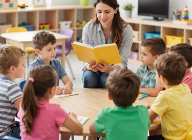 Children engaged in a group storytime with a teacher.