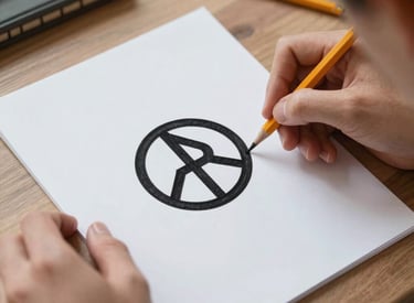 Close-up of a designer’s hand sketching logo concepts with pencils and markers.