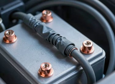 Tight macro shot of a clean 4WD dual-battery installation with neatly routed heavy-duty cabling, copper terminals, and heat-shrink connections under crisp cool daylight.