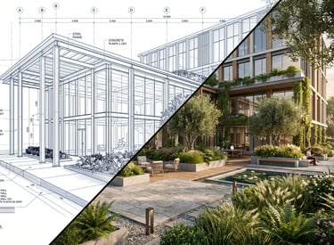 AI translating structural blueprints into photorealistic landscape and spatial assets.