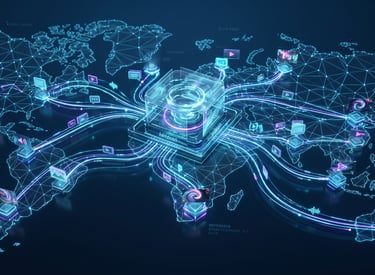 AI automated social matrix delivering localized media assets for global marketing.