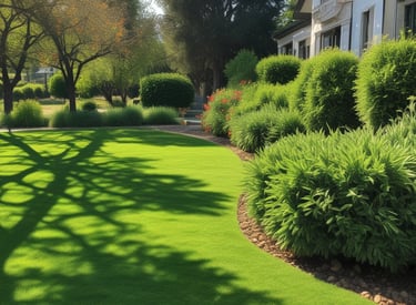 A lush green lawn with a gardener planting young trees under bright daylight.