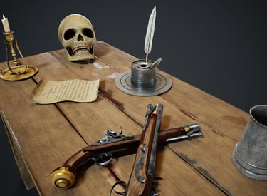 A pirate table 3D modelled in Maya and sculpted in Zbrush.