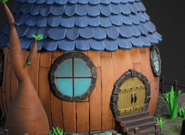 Scene created in Unreal Engine of a stylized house diorama modelled in Maya and sculpted in ZBrush.