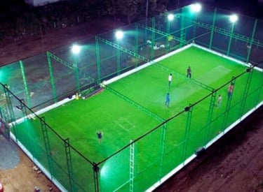 A freshly installed cricket net enclosure at a local sports ground in Bangalore.