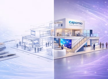 Custom exhibition stand design process from blueprint sketch to finished modern 3D booth.