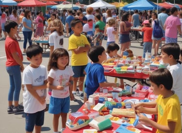 A lively outdoor swap meet with young vendors smiling and engaging with customers under colorful tents.
