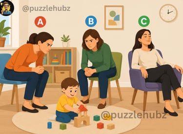 Classic 'Who is the Real Mother' visual riddle showing three women seated in a room with a child pla