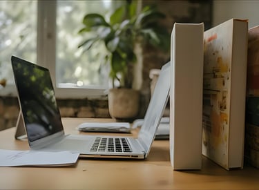Study desk with laptop, books and handwritten notes, focusing on practical English skills