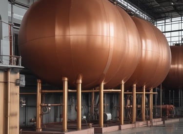 Industrial fuel storage tanks with clear blue sky background.
