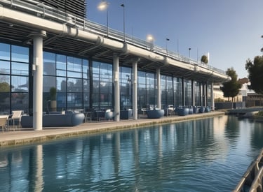 Technician using a handheld air quality monitor outdoors near industrial buildings.