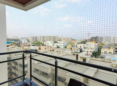 Completed pigeon net installation on a commercial building facade.