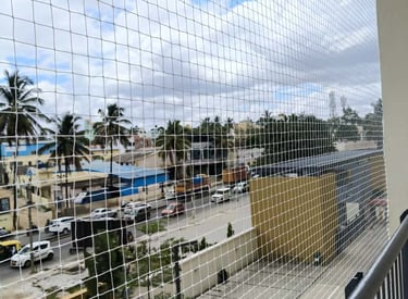 Wide shot of a balcony in Velacherry fitted with a clean, well-secured pigeon net.