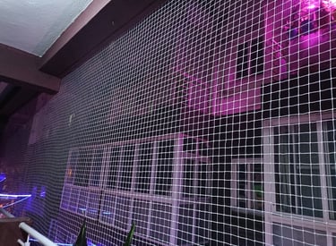 View of a flat balcony with a clean, well-fitted pigeon net.