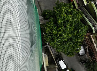 View of a clean apartment balcony free from pigeon droppings thanks to netting.