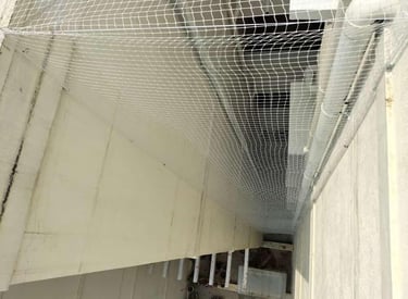 A close-up image of a pigeon net installed neatly on a residential balcony in Chennai.