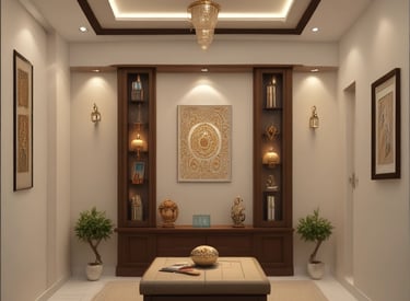 A beautifully designed pooja room with intricate wall art and ambient lighting.