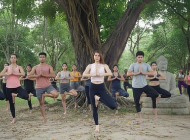mujer dirigiendo  una clase de yoga grupal
