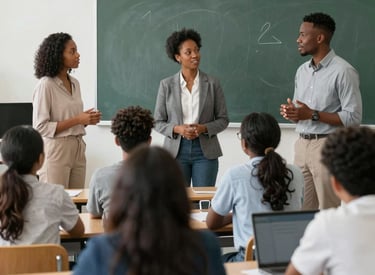 A diverse group of students engaged in a lively mentorship session with a caring mentor in a cozy study room.
