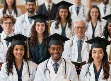 A diverse group of students engaged in a lively seminar, with a mentor guiding them through medical study materials.