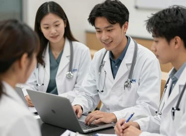 A diverse group of students engaged in a lively mentorship session with a Black American doctor.