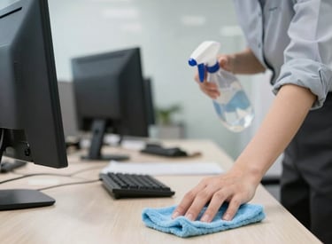 A professional cleaner wiping a modern office desk with a microfiber cloth.