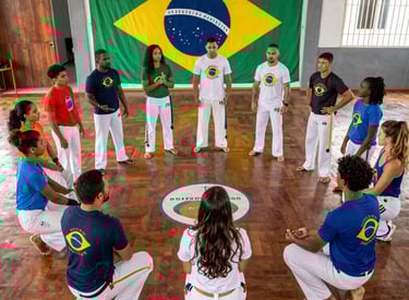 A colorful dance troupe performing traditional Latin dances in vibrant costumes.
