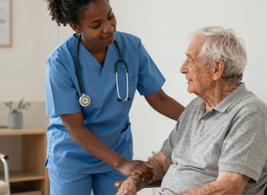 A friendly healthcare assistant helping an elderly patient with a warm smile in a care home setting.
