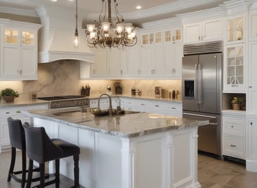 A designer and homeowner reviewing kitchen blueprints together in a bright, modern space.