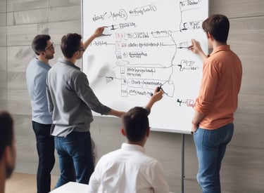 A developer coding on a laptop with app interface sketches on a nearby whiteboard.