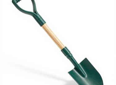 Garden gloves and a trowel resting on rich soil with sprouting seedlings nearby.