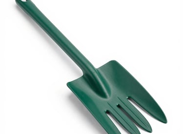 A set of watering cans in different sizes lined up on a wooden garden bench.