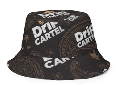 Reversable Black bucket hat with white Drip Cartel logo and brown paisley streetwear patterns.