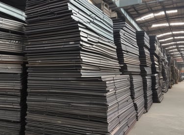 A bustling warehouse filled with stacks of iron sheets and workers organizing shipments.