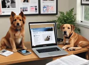 A warm, inviting workspace with veterinary books, a laptop showing myvetcorner's homepage, and a friendly dog resting nearby.