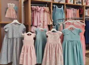 Colorful kids wear displayed on hangers in the shop.