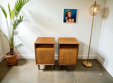 Pair of Meredew Mid-Century Modern teak bedside tables, vintage 1960s–70s MCM nightstands with storage drawers, stylish retro