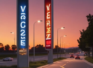 A vibrant 3D pylon sign glowing outside a modern retail store at dusk.