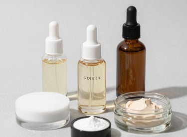 A sleek workspace with distilled water bottles, tinctures, and bases ready for crafting perfumes.