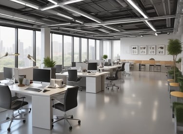 A diverse team collaborating around laptops and digital devices in a bright, modern office.