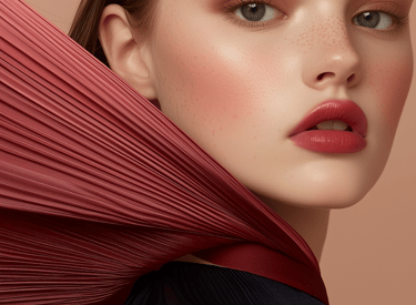 Portrait of a fashion model with soft pink makeup and freckles, wearing a pleated red fabric accessory.