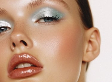 Model wearing shimmering light blue eyeshadow, glowing skin, and glossy nude lips for a dewy makeup look.