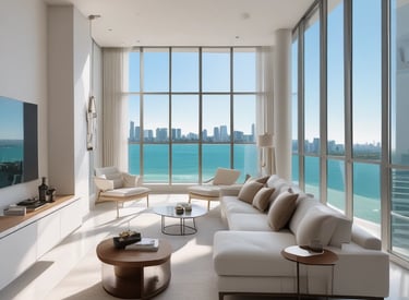 Modern and bright photo of a luxury Miami waterfront home with a calm coastal teal sky at sunset.