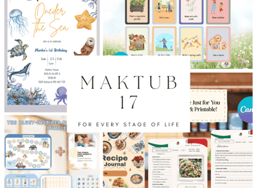 A collection of printable activity cards, birthday invitations, and recipe journals for child development and family