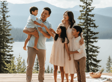 A happy family of five posing on a wooden deck with a mountain lake view for a vacation photo.