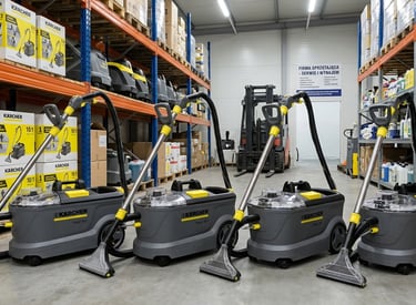 Four Karcher Puzzi spray extraction cleaners lined up in a warehouse with industrial shelving.