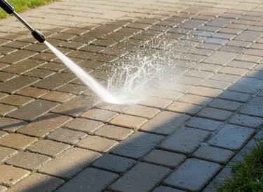 a person using a pressurer to clean a brick walkway